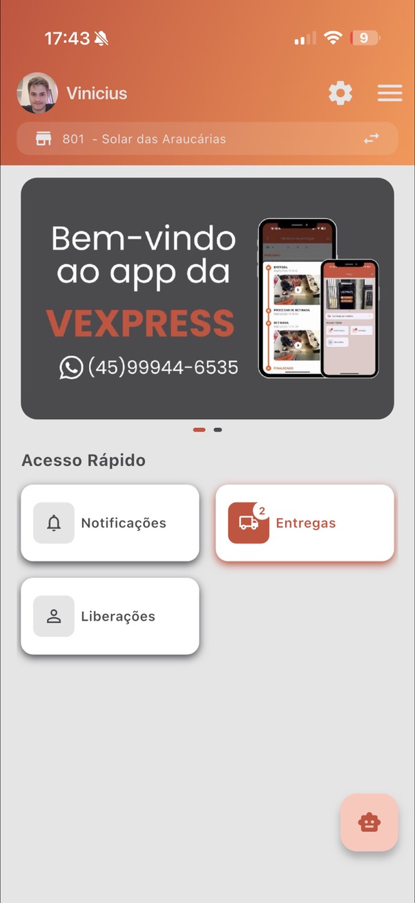 Tela inicial do app Vexpress com notificações e entregas